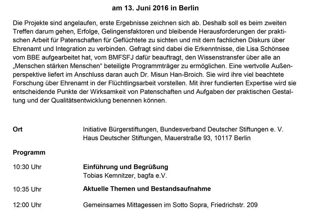 2016-6-13 Berlin (Bundesarbeitsgemeinschaft der Freiwilligenagenturen)_bagfa Patenschaftsprojekte_Vernetzung Treffen 2 Einladung copy
